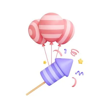 Firecracker with three pink and white striped balloons attached by strings 스톡 일러스트
