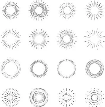 Firecrackers. Colorful radial firework linear sun icons. Vintage sunburst set. Stock Illustration