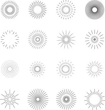 Firecrackers. Colorful radial firework linear sun icons. Vintage sunburst set. Illustration