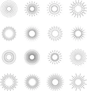 Firecrackers. Colorful radial firework linear sun icons. Vintage sunburst set. Illustration
