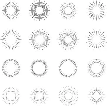Firecrackers. Colorful radial firework linear sun icons. Vintage sunburst set. Illustration