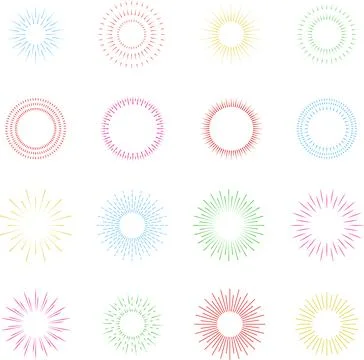 Firecrackers. Colorful radial firework linear sun icons. Vintage sunburst set. Illustration