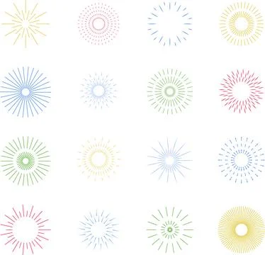Firecrackers. Colorful radial firework linear sun icons. Vintage sunburst set. Stock Illustration