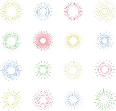 Firecrackers. Colorful radial firework linear sun icons. Vintage sunburst set. 库存插图