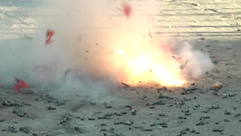 Firecrackers, exploding in a small mascleta, with sound,  4K Stock Footage 236204521