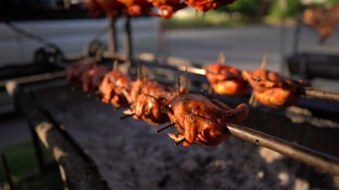 Fired chicken rotating and grill cooking food Stock Footage 140534645