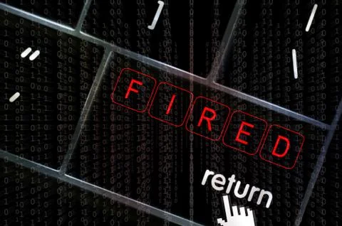 Fired concept with the focus on the return button overlaid with binary code Stock Illustration