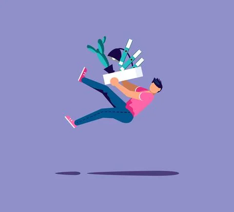 Fired man falling off with box with his things. Metaphor for staff reductions Stock Illustration