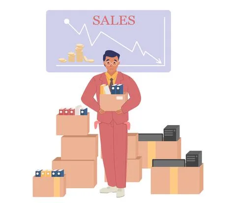 Fired office worker holding box with his things, vector illustration. Layoff Stock Illustration