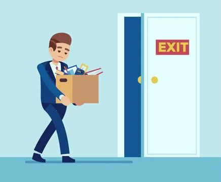 Fired worker leaves office with things in cardboard box. Sad jobless person Stock Illustration