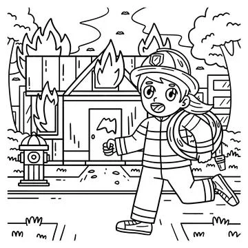 Firefighter and Building on Fire Coloring Page Ilustración de archivo