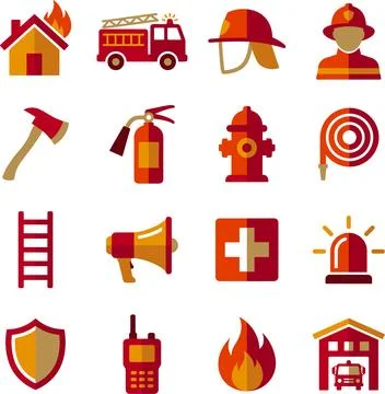 Firefighter and Emergency Services Flat Icons Set. Illustrazione stock