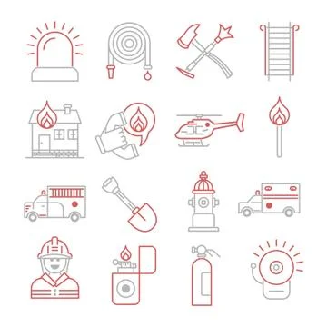 Firefighter and fire department vector icons set Stock Illustration