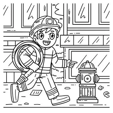 Firefighter and Fire Hydrant Coloring Page Stock Illustration