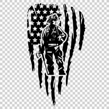 Firefighter With Axe Flag Silhouette standing american Stock-Illustration
