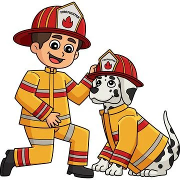 Firefighter Boy and Firefighter Dog Clipart Stock Illustration
