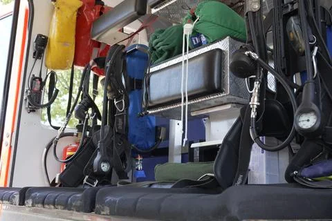 Firefighter Breathing Apparatus Inside Fire Rescue Vehicle in Trossingen Germany Stock Photos