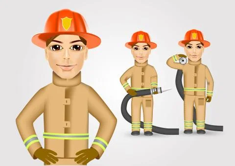 Firefighter in brown uniform holding fire hose Stock-Illustration