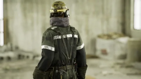 Firefighter conducting structural assessment in building shell Video stock 338343854