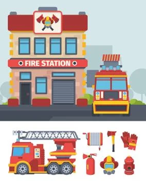 Firefighter department set. Specialized fire station with vehicle fleet Stock Illustration