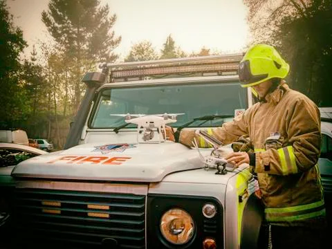 Firefighter with drone Stock Photos