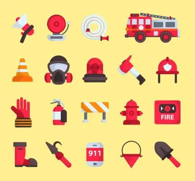 Firefighter elements vector fire department emergency icons and water safety car Stock Illustration
