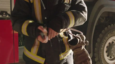 Firefighter equipment in a closeup shot Stock Footage 283141892