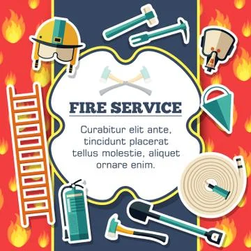 Firefighter equipment elements on red fire background poster in sticker style Stock Illustration