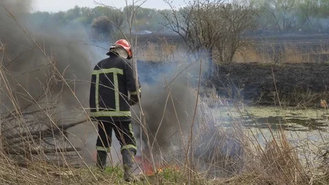 Firefighter in equipment extinguish a forest fire with a fire tool Stock Footage 129472609