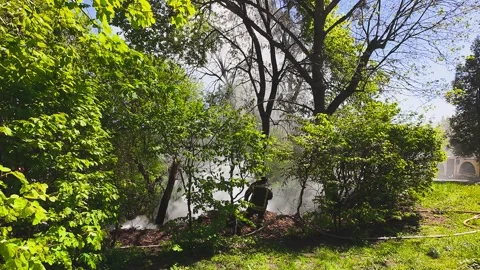 Firefighter extinguishes a brush fire in a ravine with a water hose.  Stock Footage 337938528