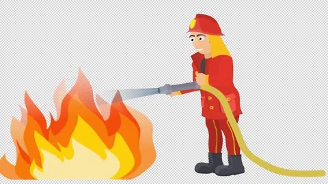 A firefighter extinguishes a fire with a fire hose. Firefighter animation Видео 345021360