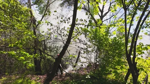 Firefighter extinguishes a forest fire in a deep ravine. Stock Footage 337938447