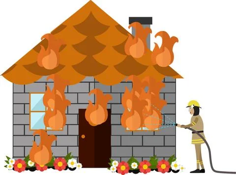 Firefighter extinguishing burning house vector icon isolated on white Stock Illustration
