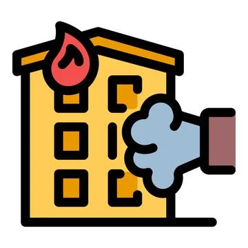 Firefighter extinguishing fire in burning building with extinguisher Stock Illustration