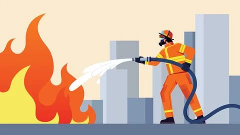 Firefighter Extinguishing Fire Stock Illustration