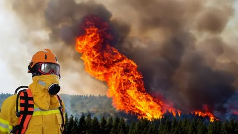 Firefighter fighting forest fire Stock Photos