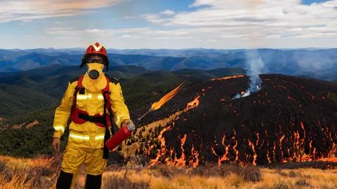 Firefighter fighting forest fire Stock Photos