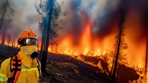 Firefighter fighting forest fire Stock Photos