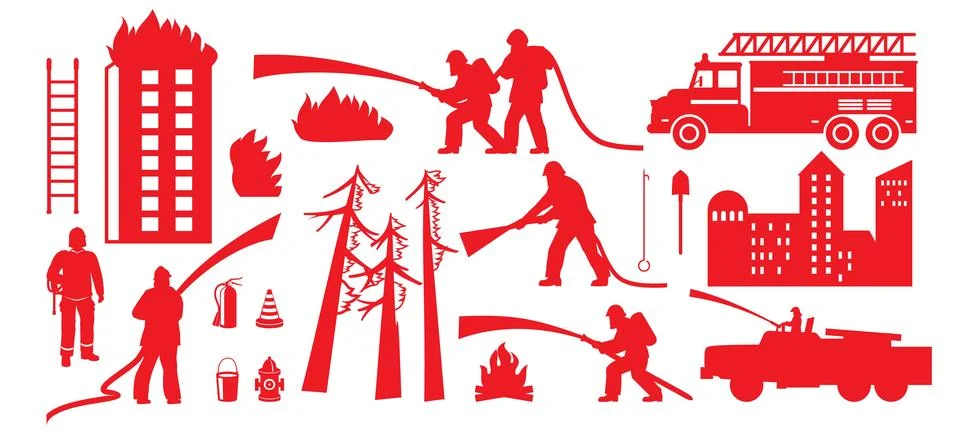 Firefighter, fire engine and burning forest, house red silhouette set Stock Illustration