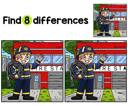 Firefighter with Fire Hose Find The Differences Stock Illustration