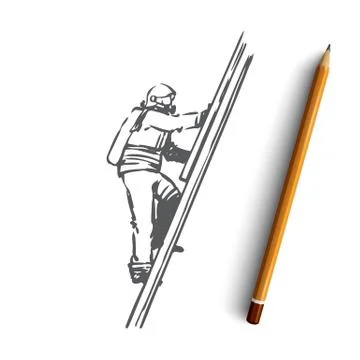 Firefighter, fire, rescue, danger, stairs concept. Hand drawn isolated vector Stock Illustration
