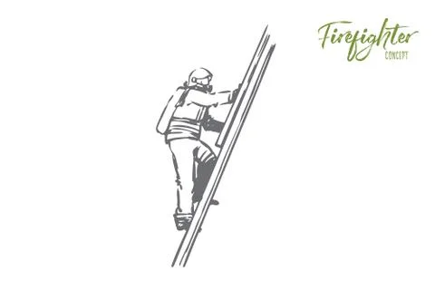 Firefighter, fire, rescue, danger, stairs concept. Hand drawn isolated vector Stock Illustration
