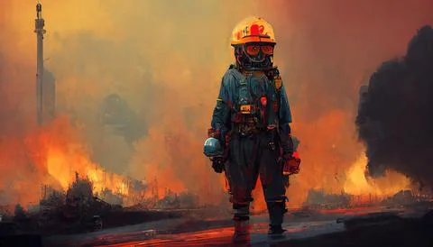 Firefighter in fire suit, surrounded by flames Stock Illustration