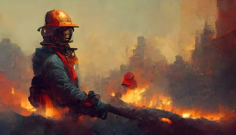Firefighter in fire suit, surrounded by flames Stock Illustration