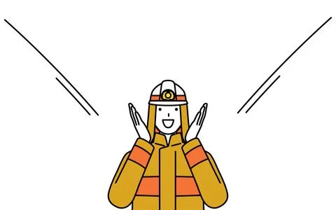 Firefighter in fire uniform calling out with his hand over his mouth. Stock Illustration