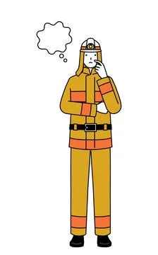 Firefighter in fire uniform thinking while scratching his face. Stock Illustration