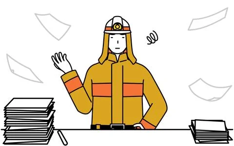 Firefighter in fire uniform who is fed up with his unorganized business. Stock Illustration