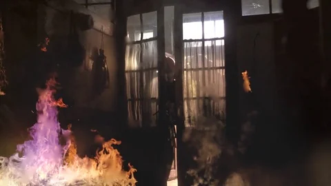 Firefighter in Flames Stock Footage 80923070