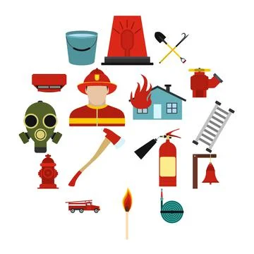 Firefighter flat icons set Stock Illustration