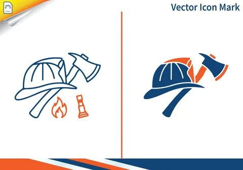 Firefighter helmet and axe vector icon mark with fire. Stock Illustration